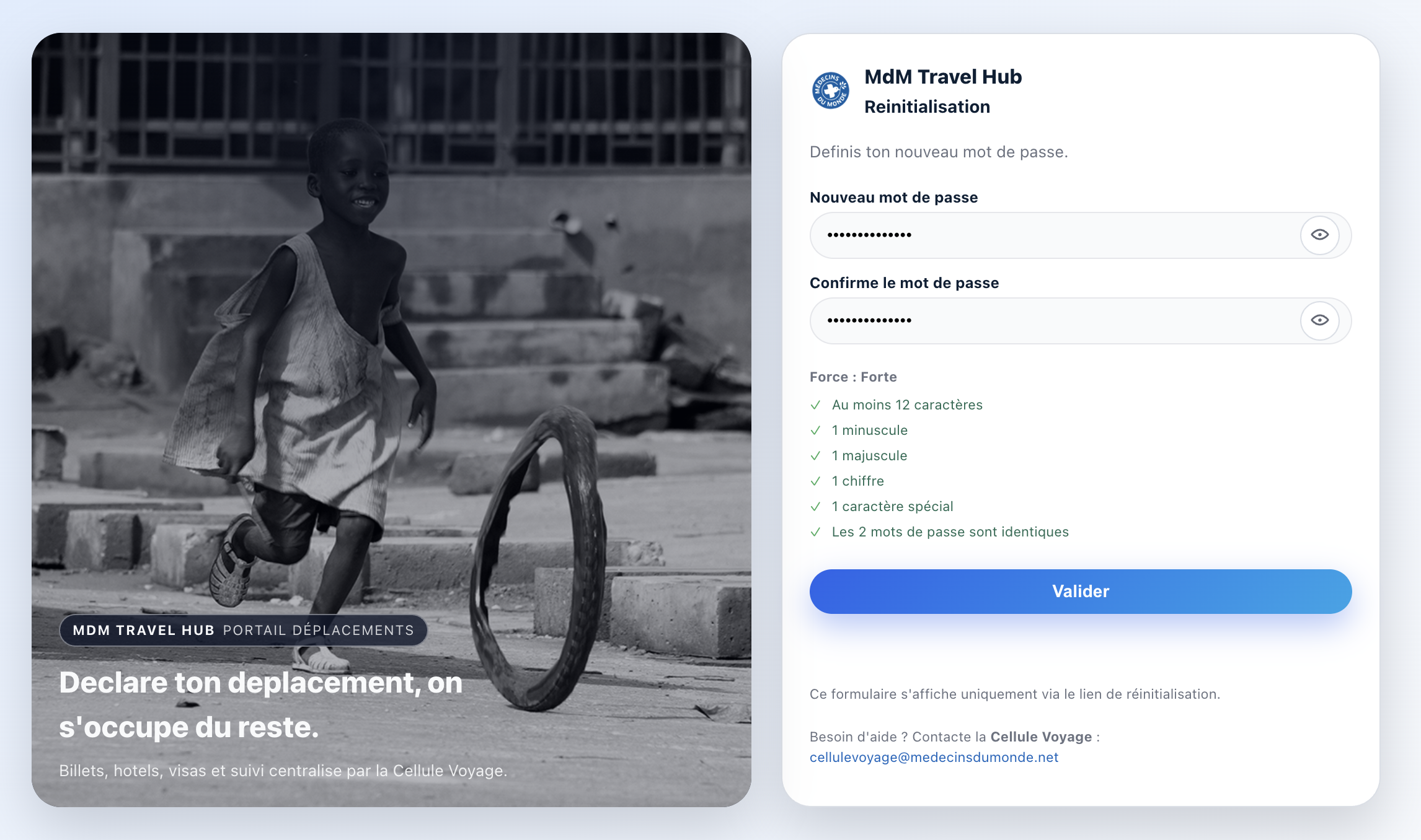 Reset mot de passe avec regles et confirmation