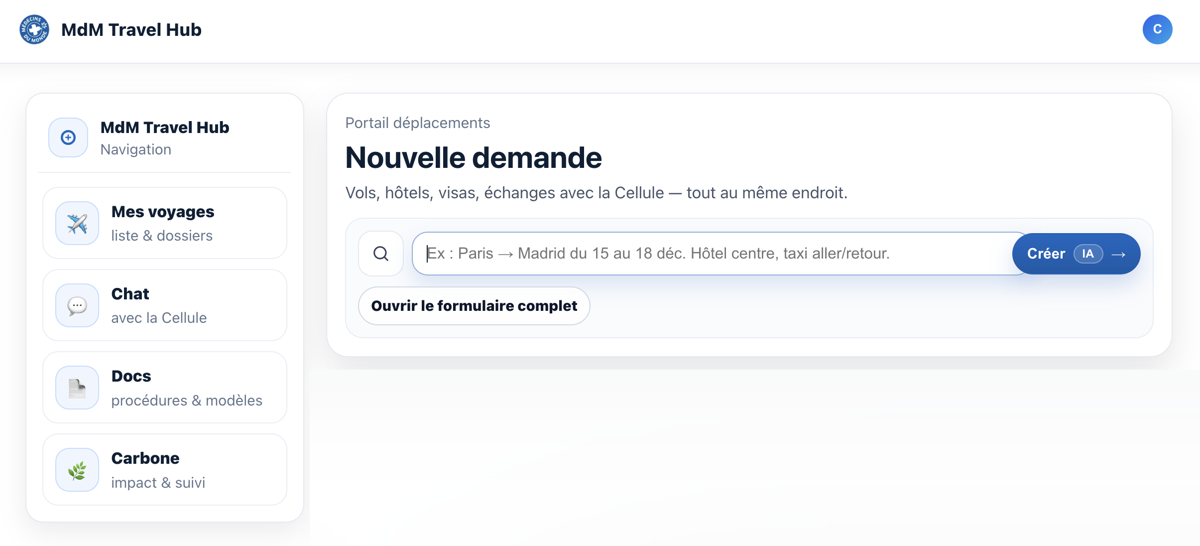Accueil : creation de demande assistee et formulaire complet
