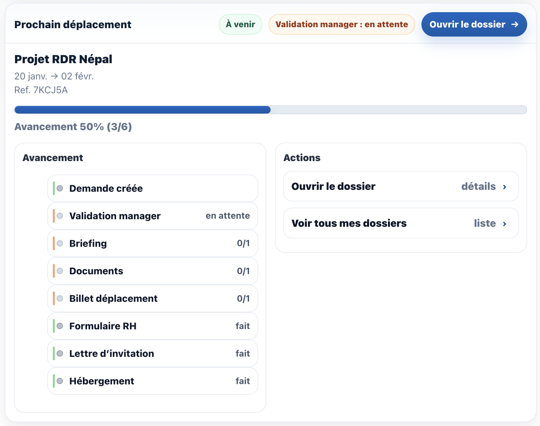 Accueil : bloc Prochain deplacement avec avancement et etapes
