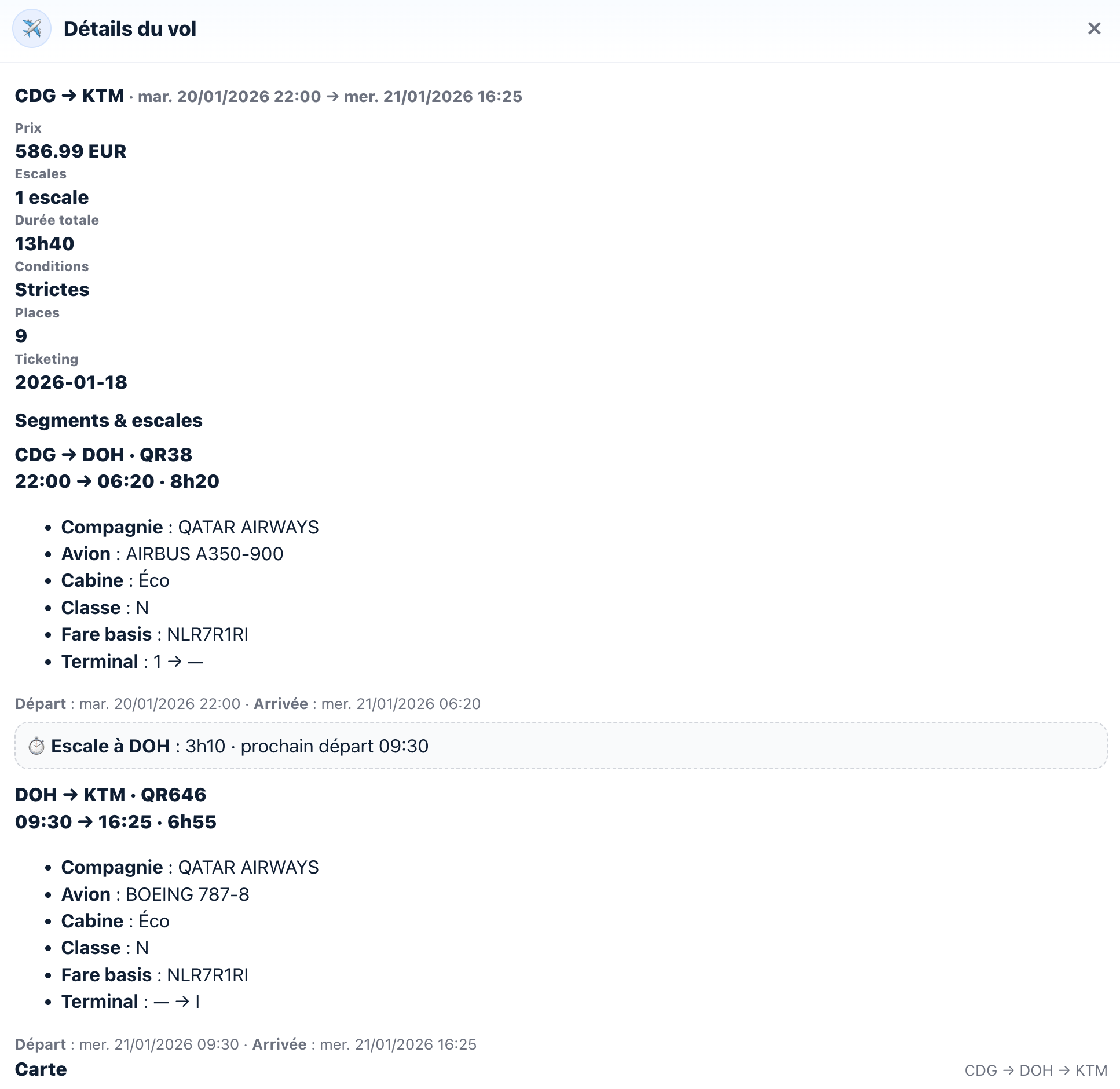Details du vol : prix, escales, segments et conditions