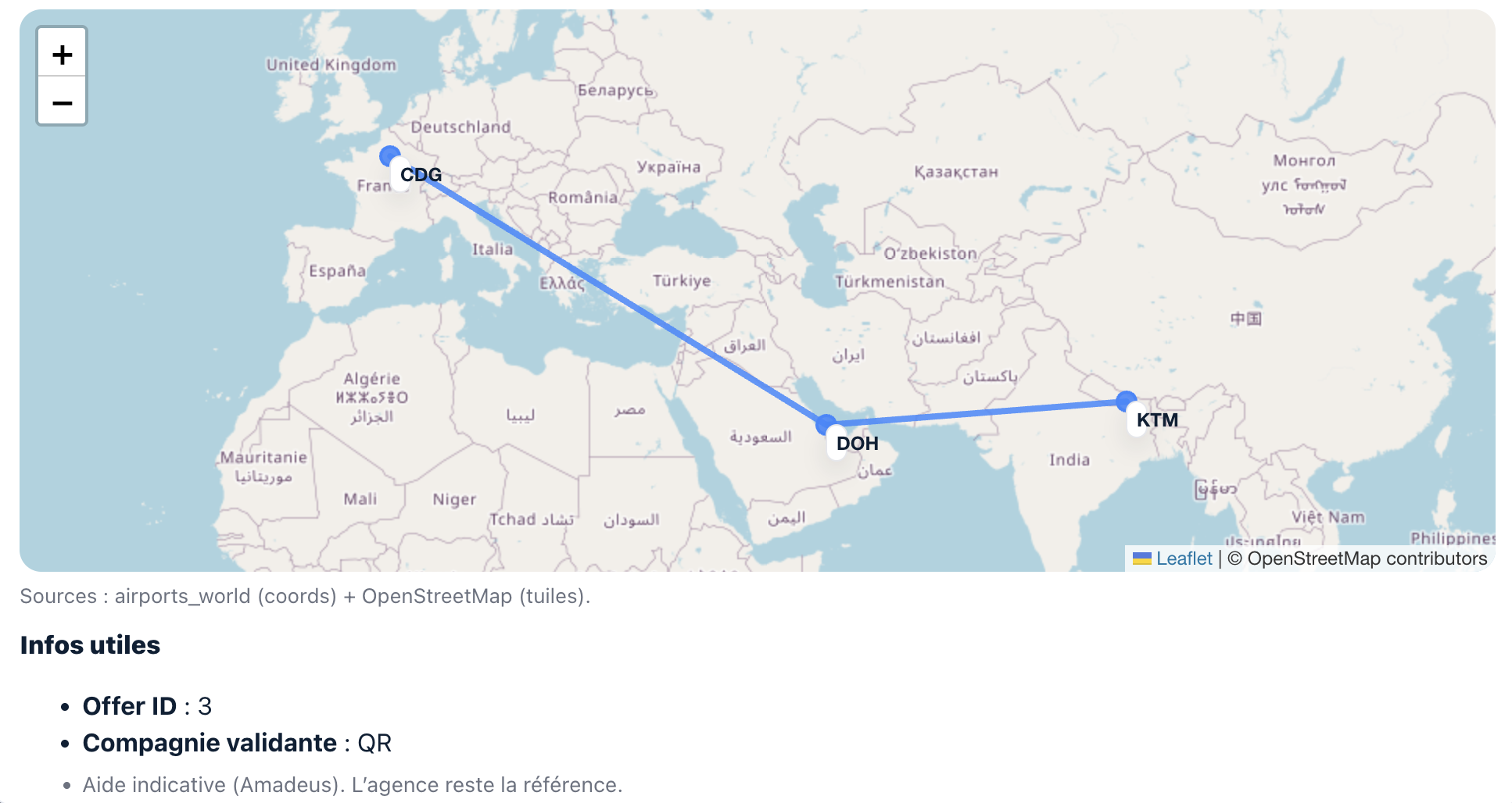 Carte de l'itineraire du vol (ex : CDG -> DOH -> KTM)