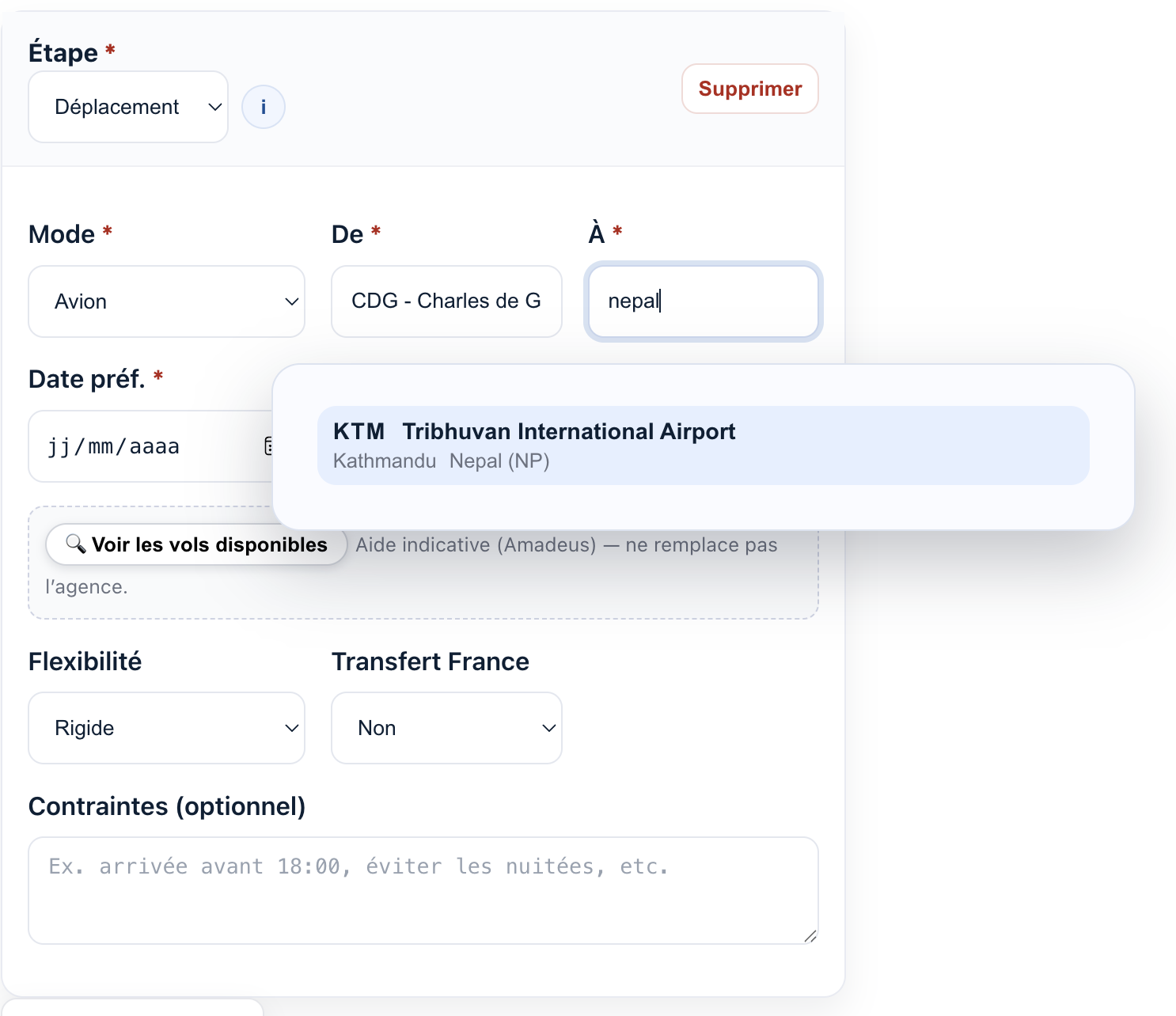 Saisie du trajet : mode, depart, arrivee, date, heure, bagages