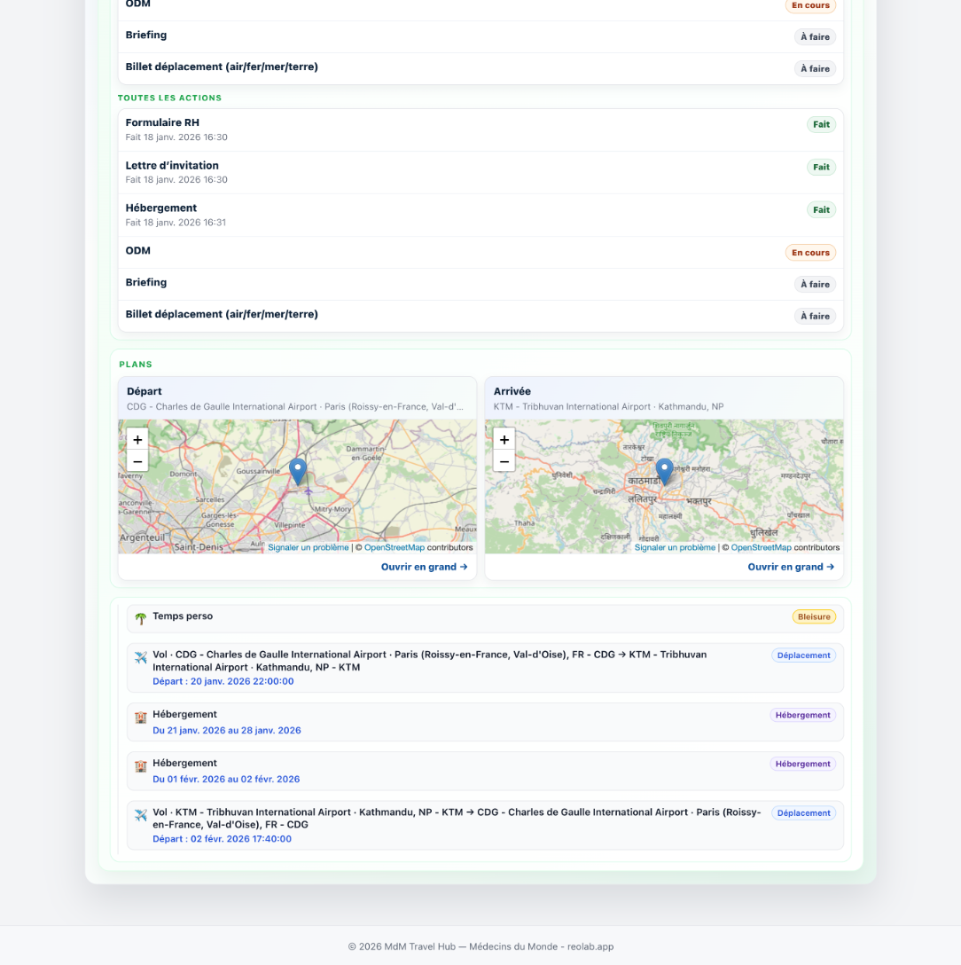 Voyage selectionne : avancement, etapes, prochaines actions et plans