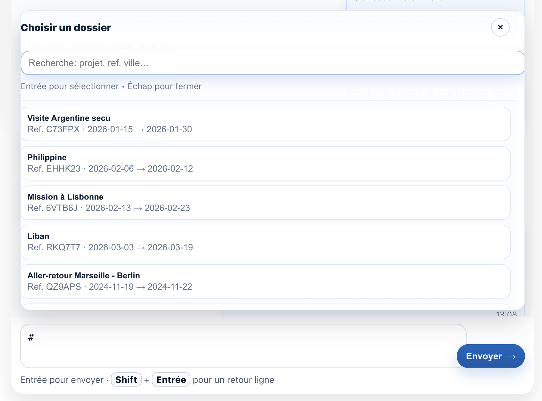Chat : selection d'un dossier via # (choisir un dossier)